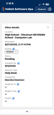 Request details screen with Other details section expanded.